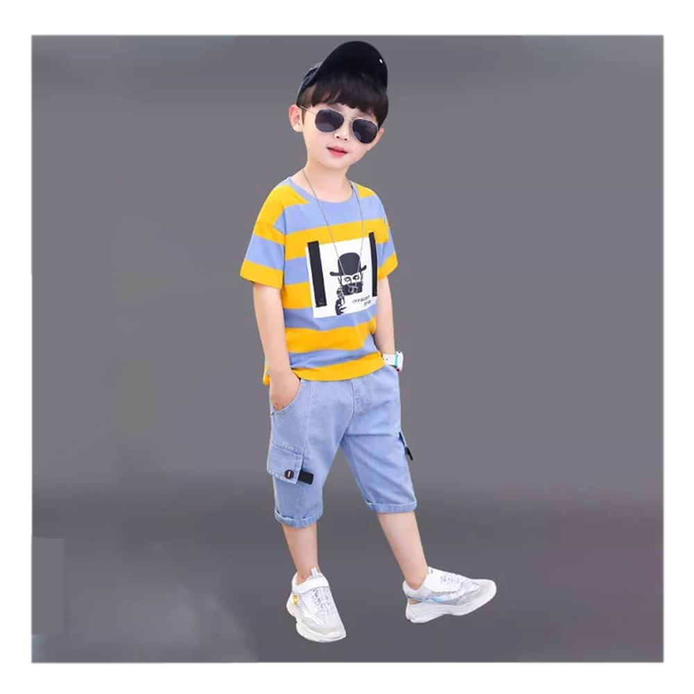 Cotton T-Shirt And Half Pant Set for Boys - Yellow And Grey - BM-70