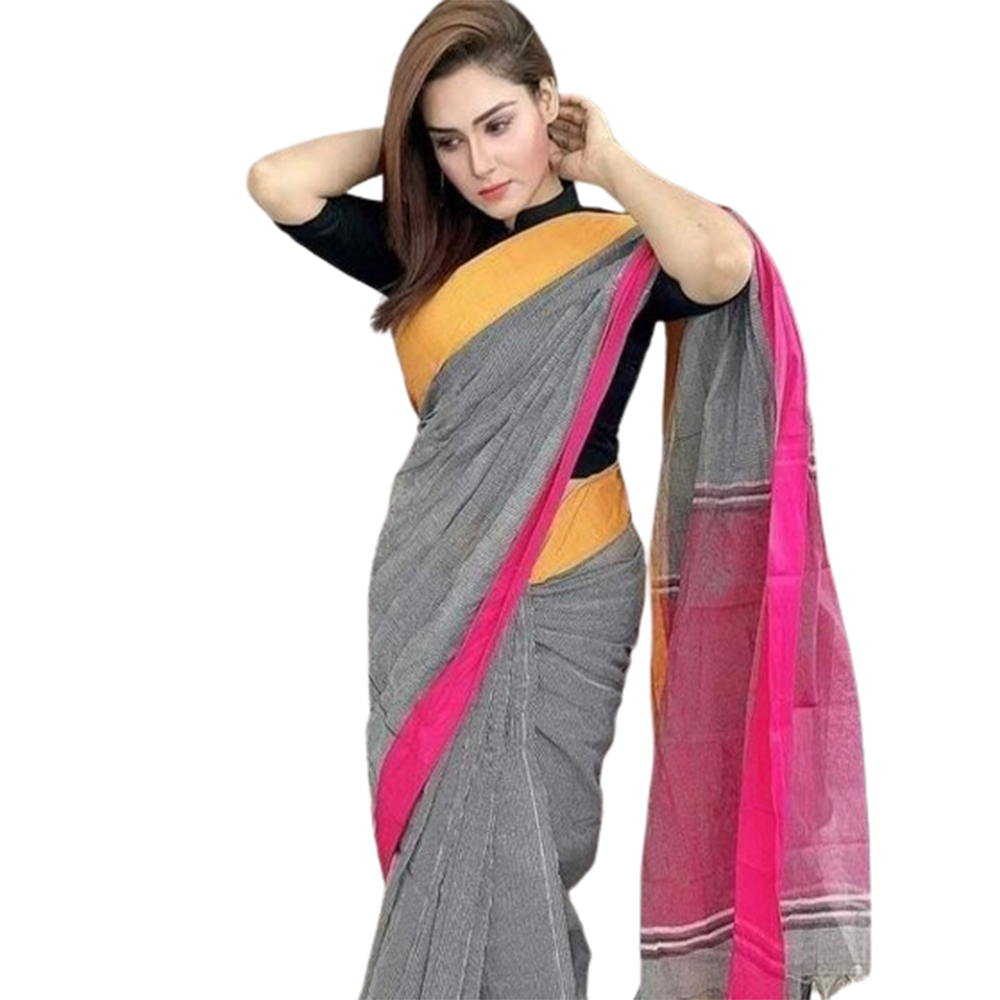 Cotton Saree with Blouse Piece For Women - Gray - SP-C13