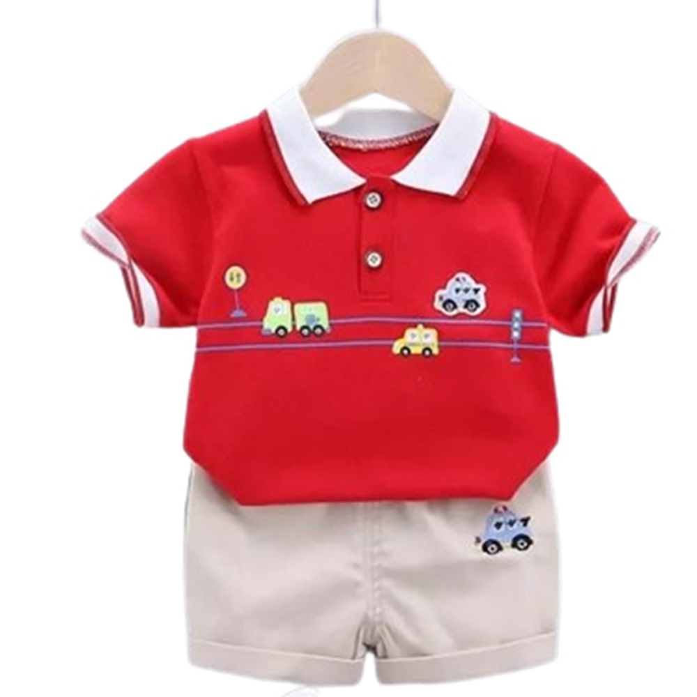 China Cotton Half Sleeve T-Shirt and Half Pant Set For Boys - Red - BM-22