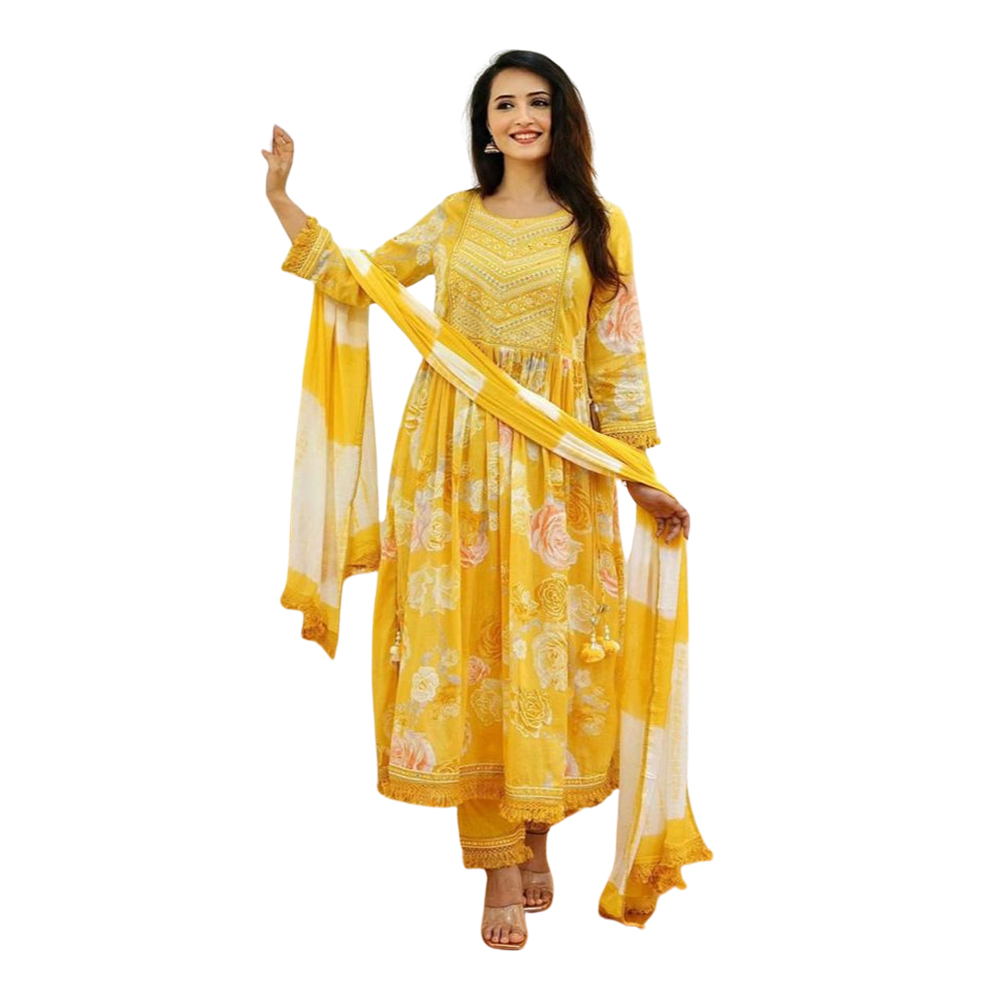 Unstitched Cotton Maize Nayra Cut Readymade Anarkali Suit - Yellow