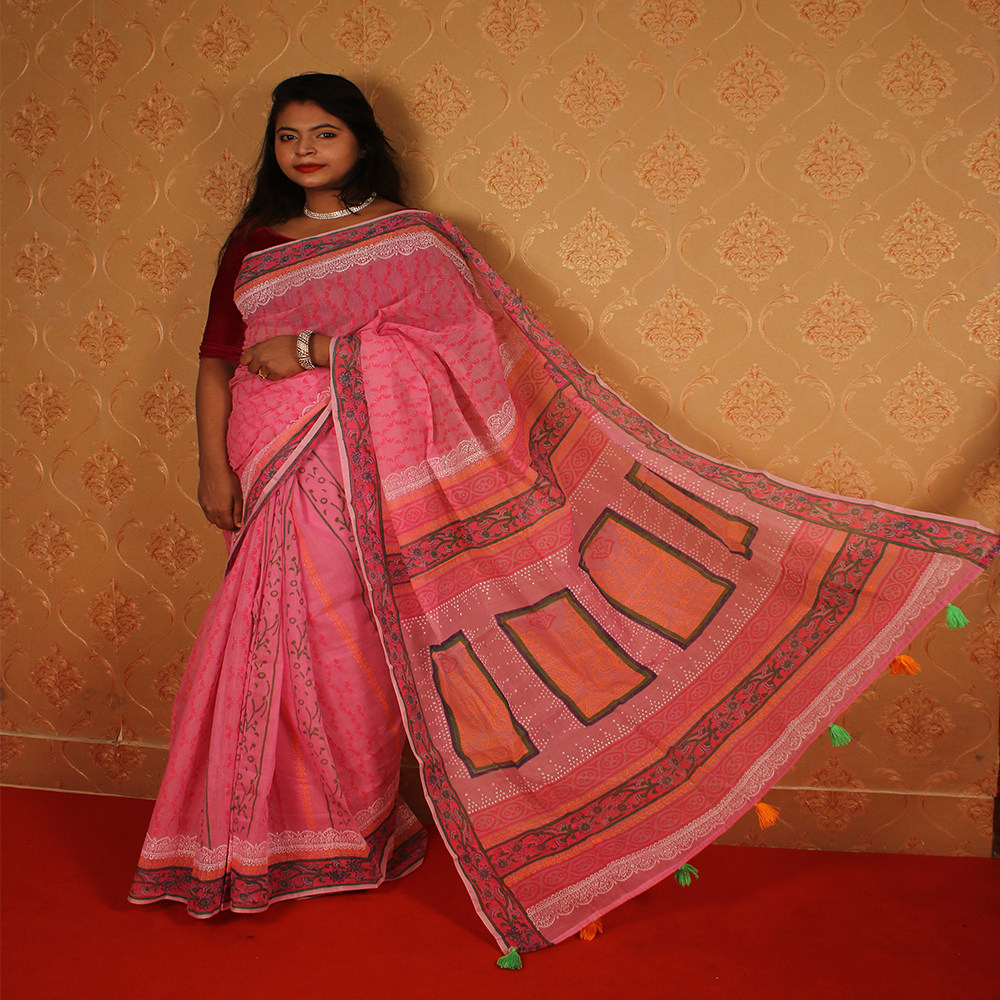 Cotton Half Silk Hand Printed Saree For Women - Salmon - Single _ 11