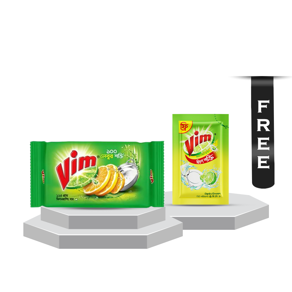 Vim Dishwashing Bar - 125gm With Vim Liquid Dish Washer - 5ml Free