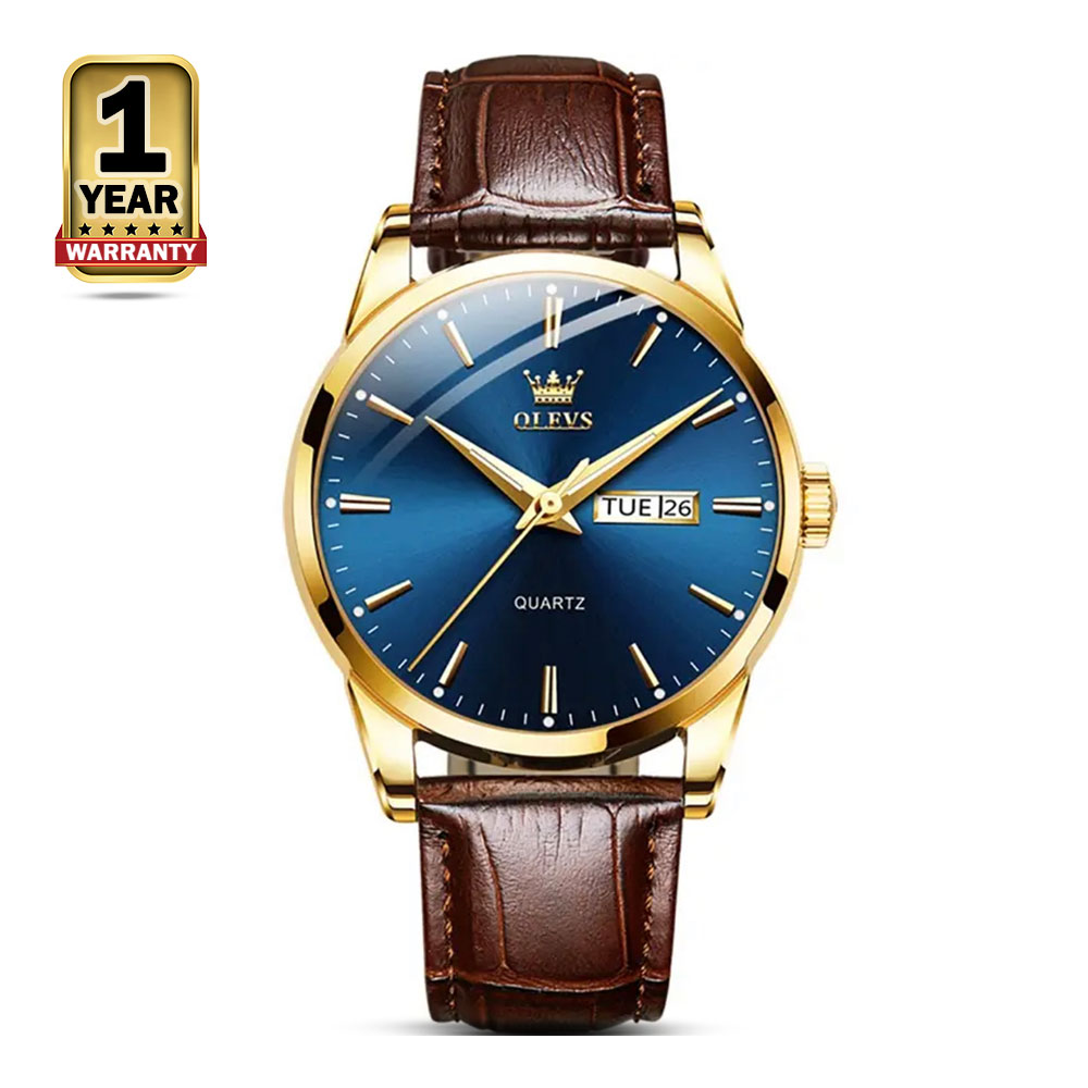 OLEVS 6898 Leather Analog Watch For Men - Brown And Blue