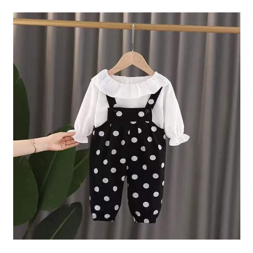 Linen Romper Frock for Girls - White and Black