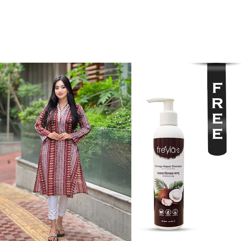 Buy Showstopper Cotton Kurti for Women - 0224 000314 - Dark Maroon and Get Freyias Damage Repair Shampoo with Coconut Milk - 220ml Free