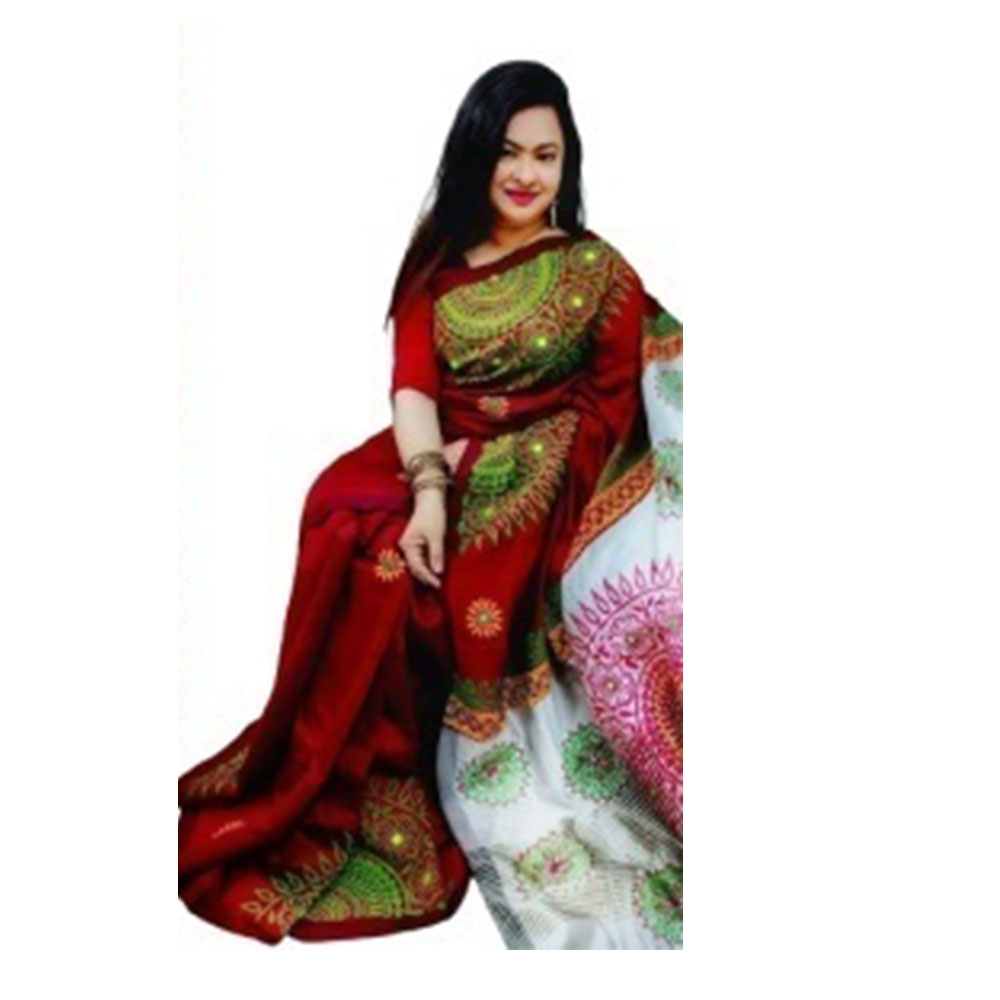 Dupion Silk Saree For Women - Red and White - SP-H41