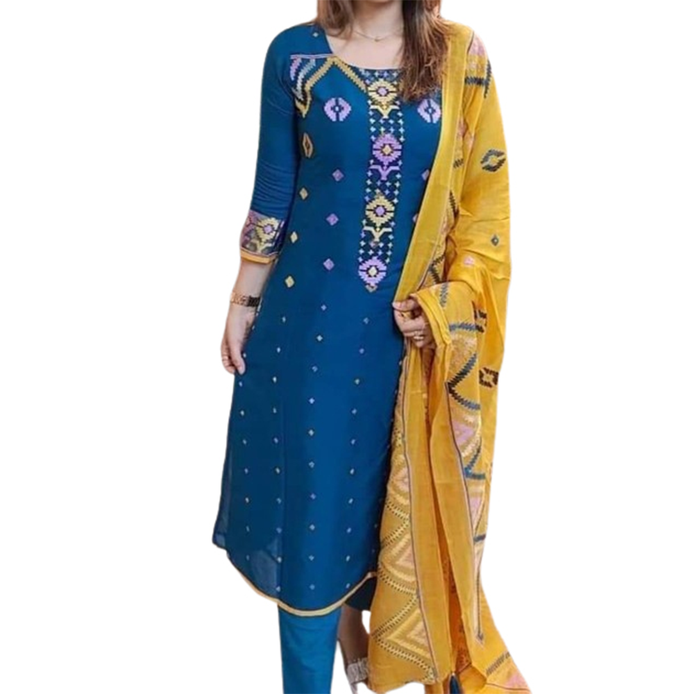 Unstitched Cotton Skin Printed Salwar Kameez For Women - Teal - 3C-117