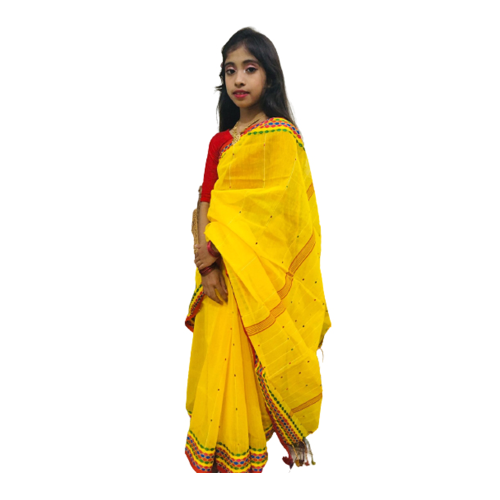 Cotton Jamdani Baby Saree For Girl - Yellow - KS-04