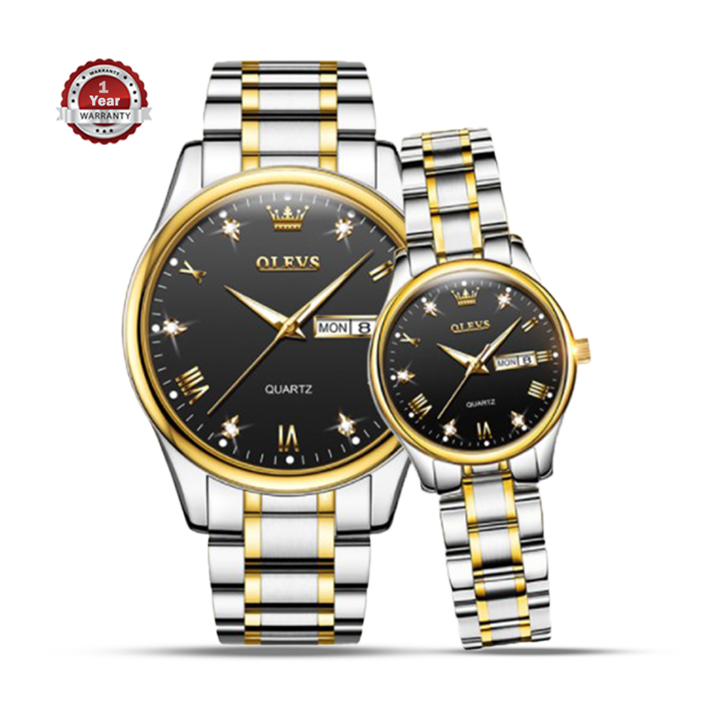 OLEVS 5563 Stainless Steel Analog Wrist Watch For Couple - Black and Golden