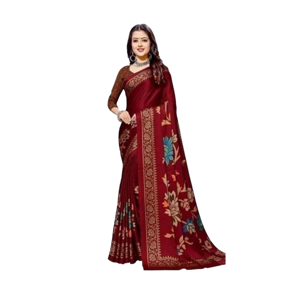 Soft Silk Digital 3D Printed Saree With Blouse Piece - Maroon - SS-P25