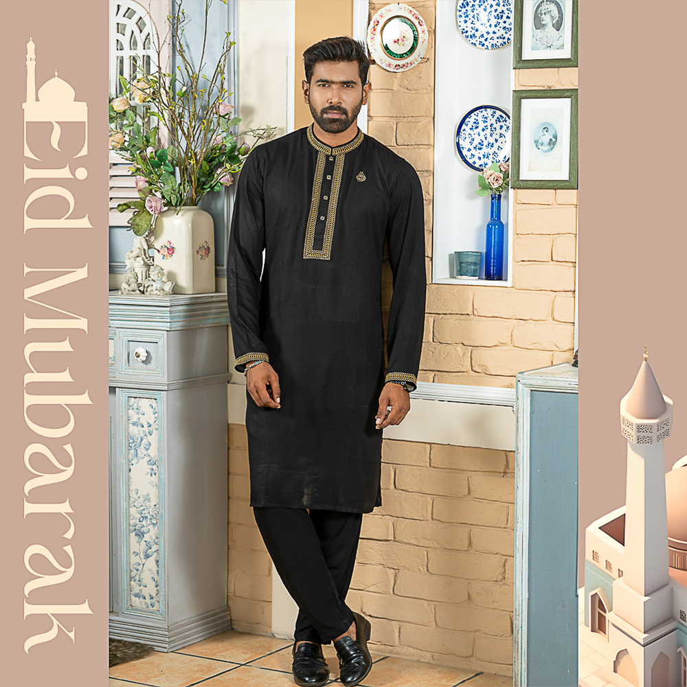 Cotton Panjabi with Pajama For Men - Black - 4913