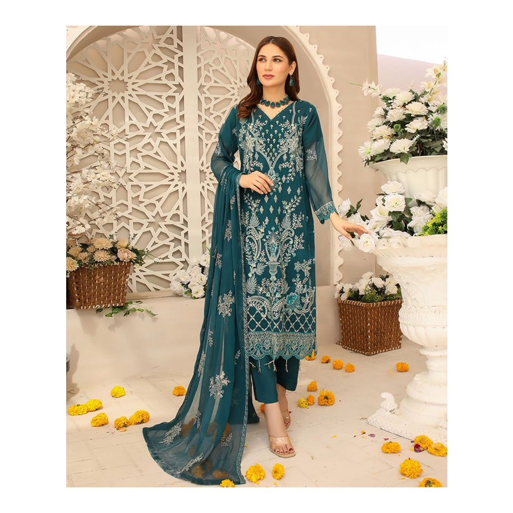 Semi-stitched Chiffon Party Dress for Women - Teal - HP-3PP-302 (1 Pc Ring Free)