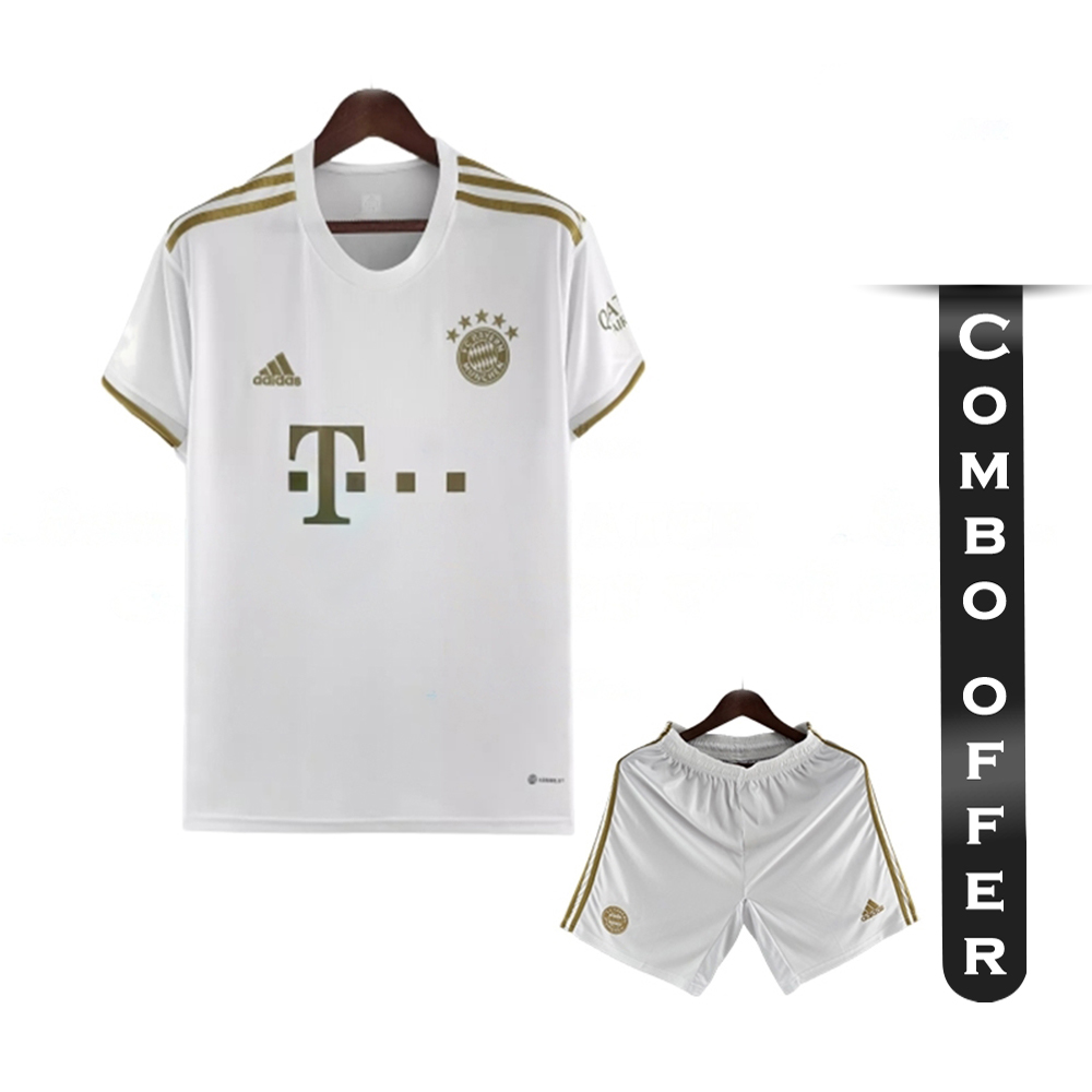 Combo of Bayern Munich Mesh Cotton Short Sleeve Away Jersey and Short Pant - White - Bayern A2
