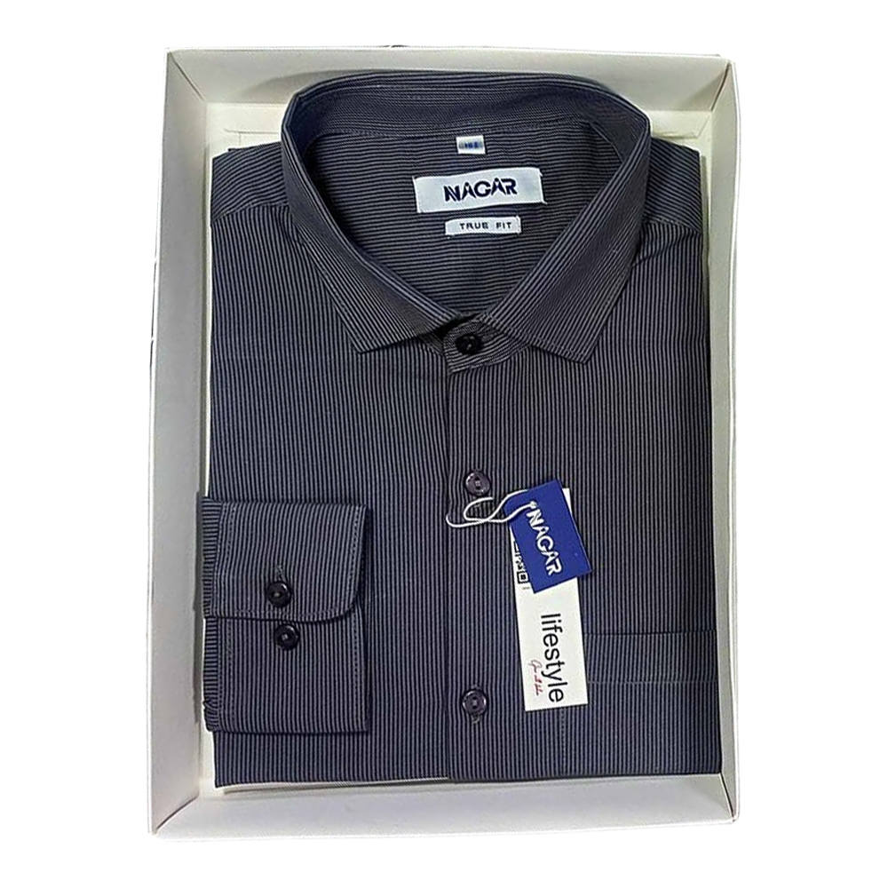 Nagar Stripe Cotton Full Sleeve Formal Shirt For Men - Deep Ash - Nagar 01