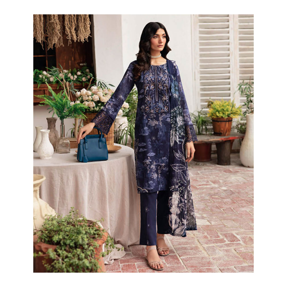 Unstitched Digital Printed Embroidered Lawn for Women - Navy Blue - HP-3PP-401 (1 Pc Ring Free)