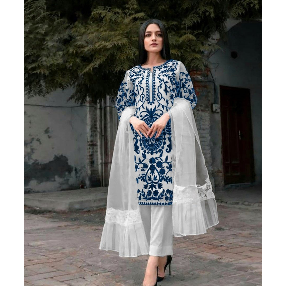 Semi Stitched Organza Embroidered Salwar Kameez for Women - White and Blue - HP-M3P-422