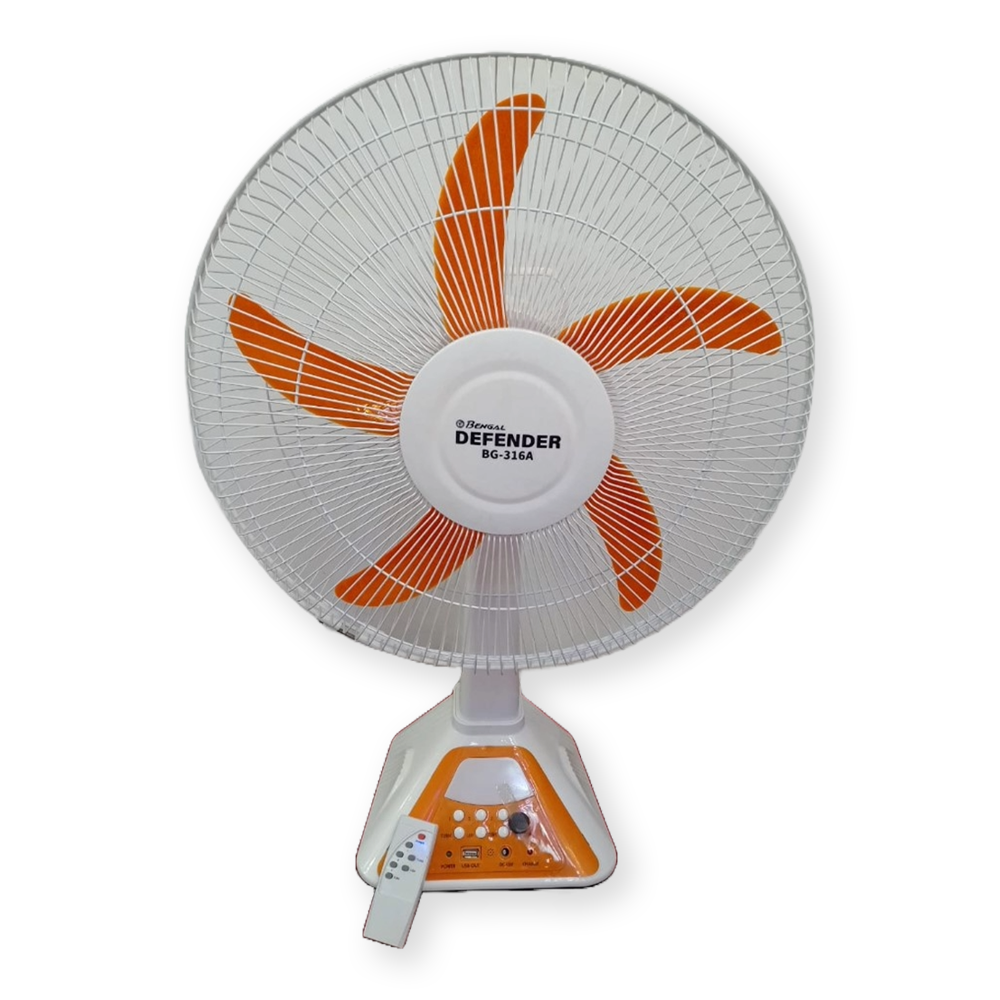 Bengal Defender BG-316A Rechargeable Fan - 16 Inch - White and Orange 