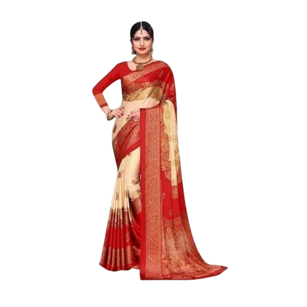 Soft Silk Digital 3D Printed Saree With Blouse Piece - Red And Cream - SS-P19