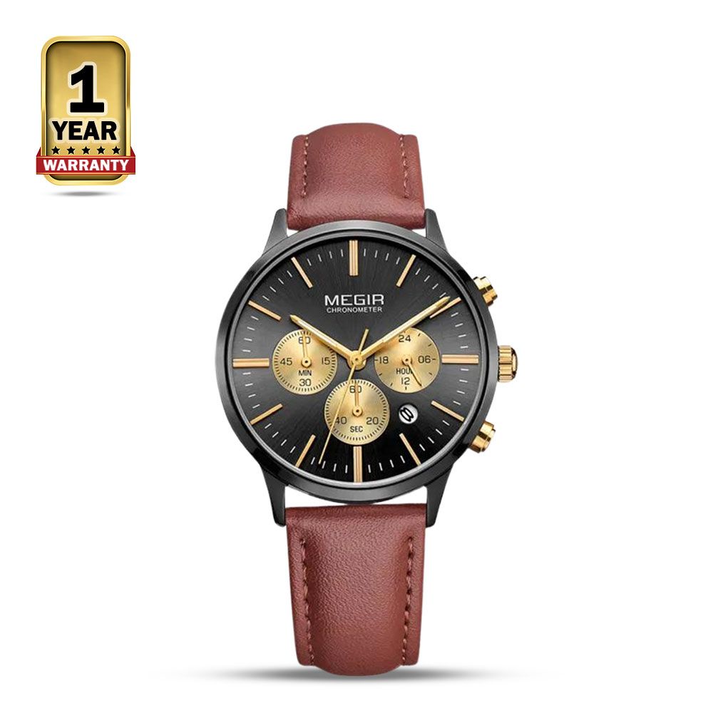 Megir 2011 Leather Quartz Wrist Watch For Women - Gold and Brown