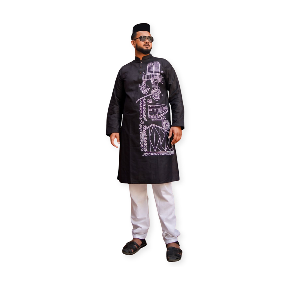 Cotton Khadi Hand Paint Panjabi For Man - LS#P104BP