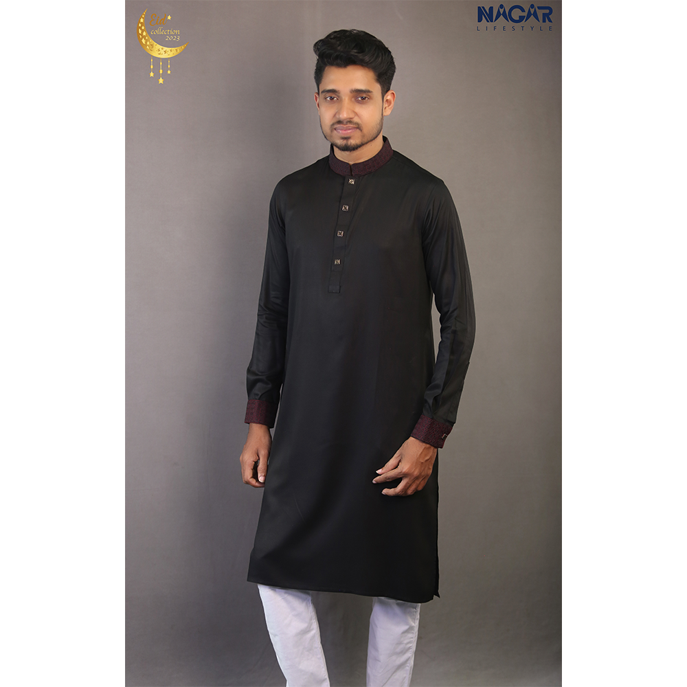 Nagar Exclusive Cotton Embroidery Panjabi for Men - Black - ED09