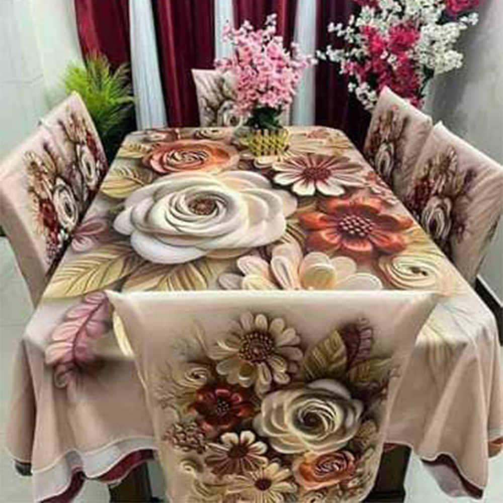 Korean Velvet 3D Print Premium Dining Table Cloth and Chair Cover Set 7 in 1 - TC-135 