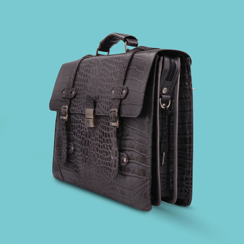 Leather Crocodile Embossed Office Bag - B-48 - Black