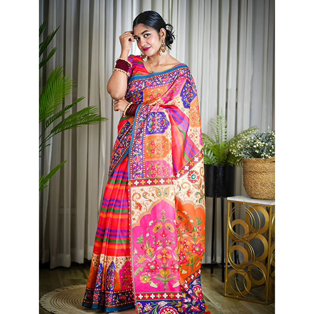 Chanduri Digital Print Silk Saree With Blouse Piece For Women - Multicolor - SF-038