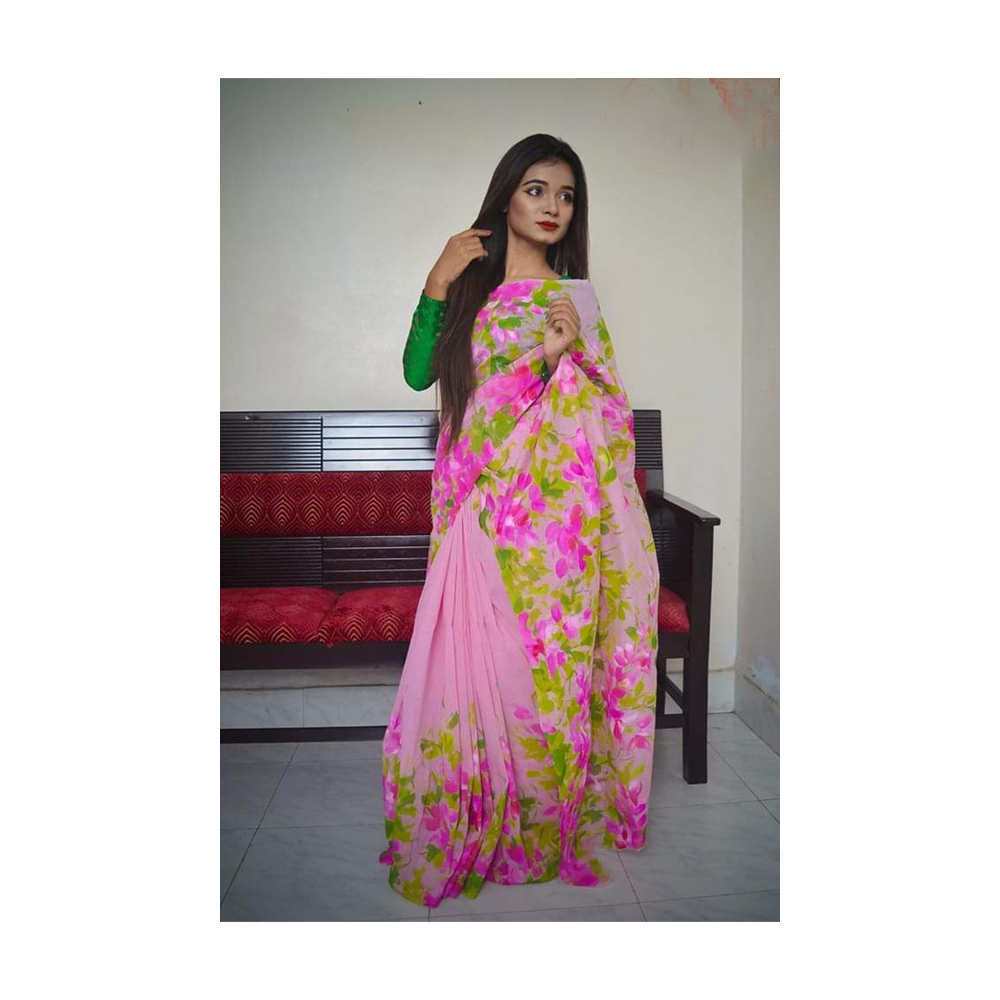 Hand Printed Half Silk Saree For Women - Multicolor - BAN121