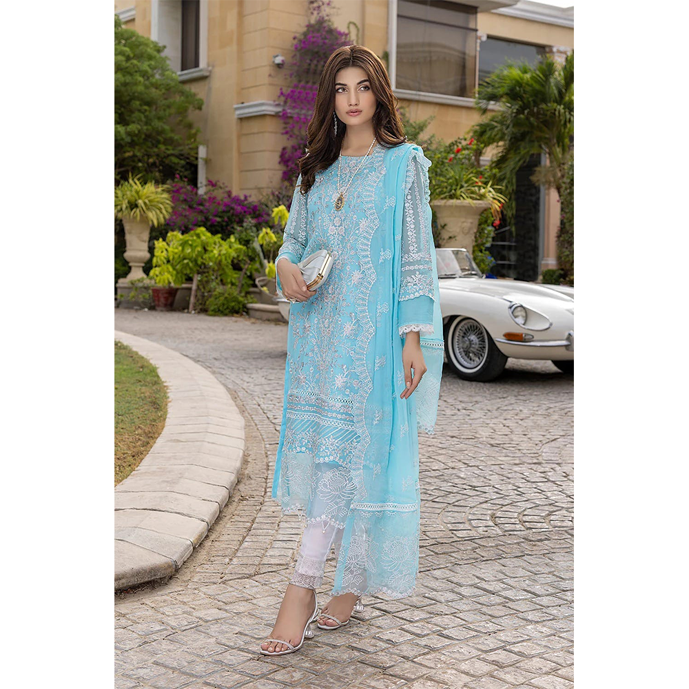 Unstitched Georgette Embroidery 4 Piece Salwar Kameez For Women - Light Blue - 4F-G10