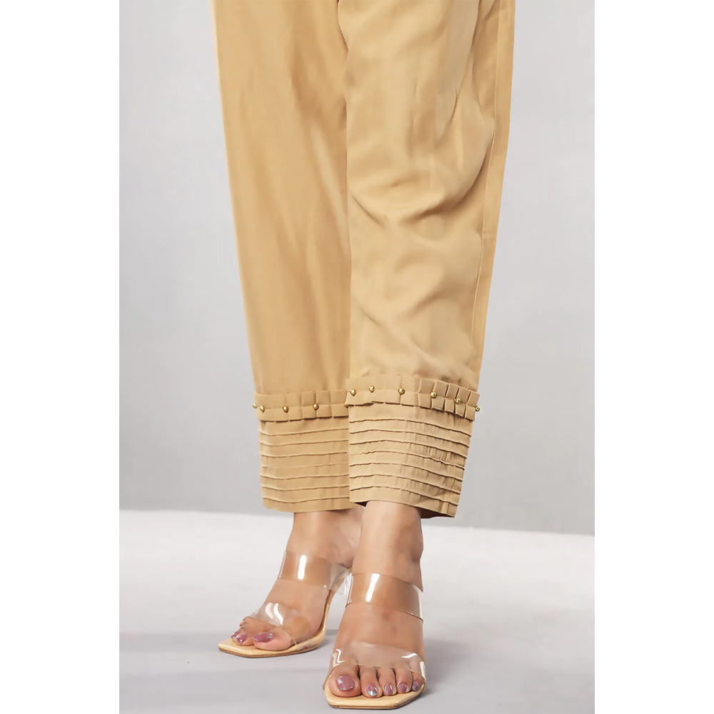 Cashmilon Straight Pleats and Pearls Pant For Women - Beige - P6