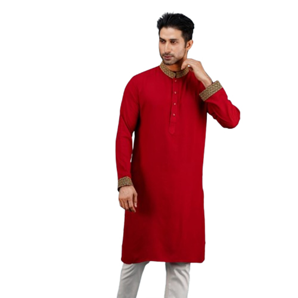 Cotton Embroidery Semi Long Panjabi For Men - Maroon - PM-17