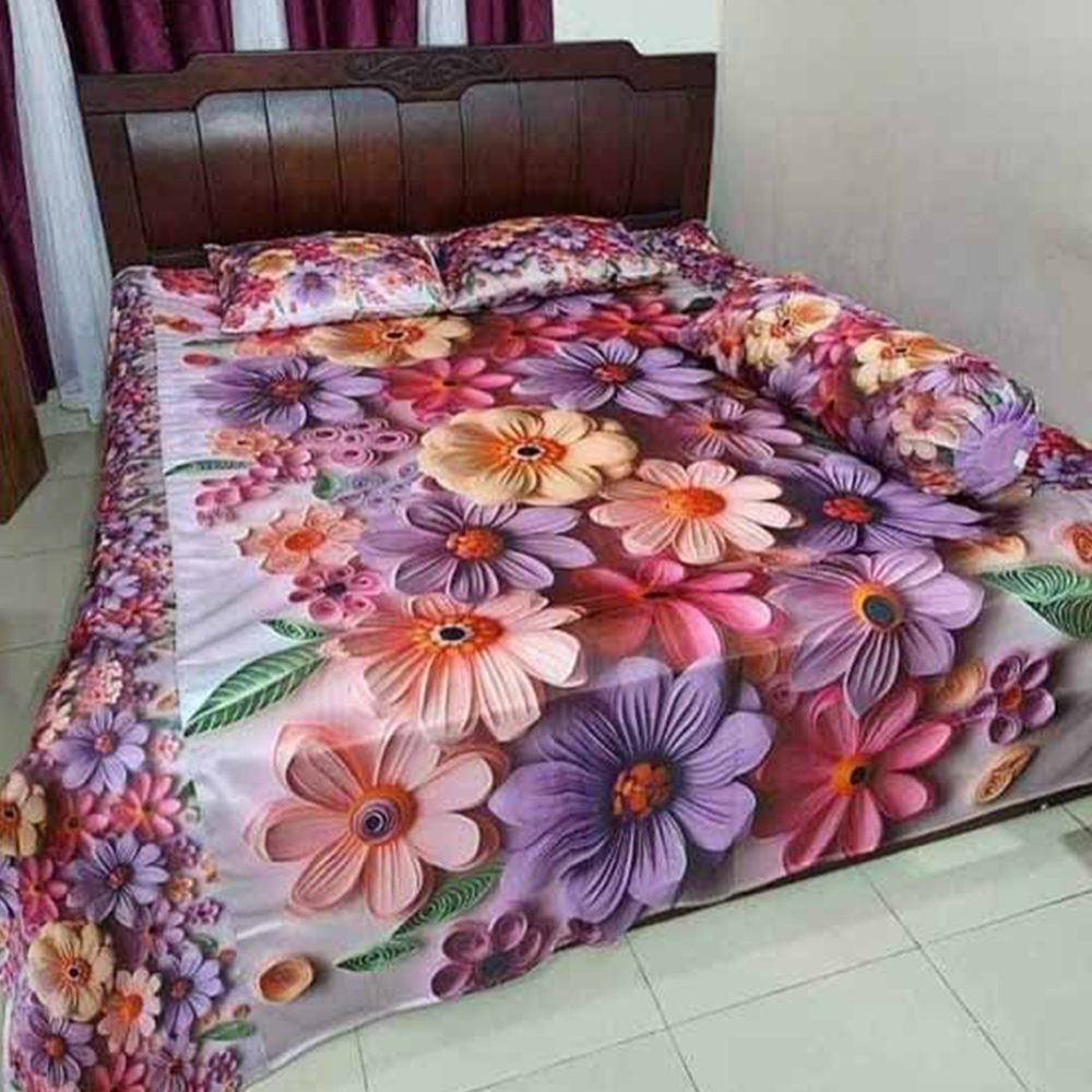 China Cherry Cotton King Size 3D Design Bedsheet With Pillow Covers - Multicolor - HS-00047