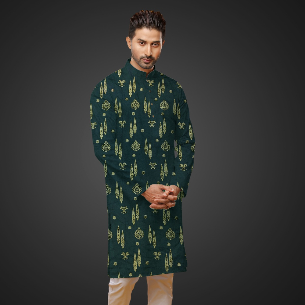  Cotton Embroidery Panjabi For Men - Green - 5421