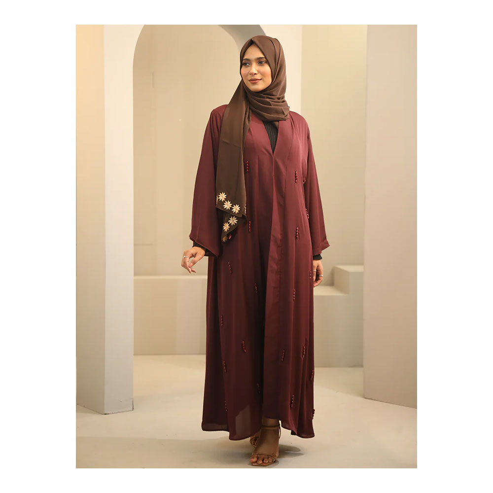 Buy Hiba Cherry Georgette Abaya for Women - 0224 000255 - Deep Maroon and Get Freyias Damage Repair Shampoo with Coconut Milk - 220ml Free