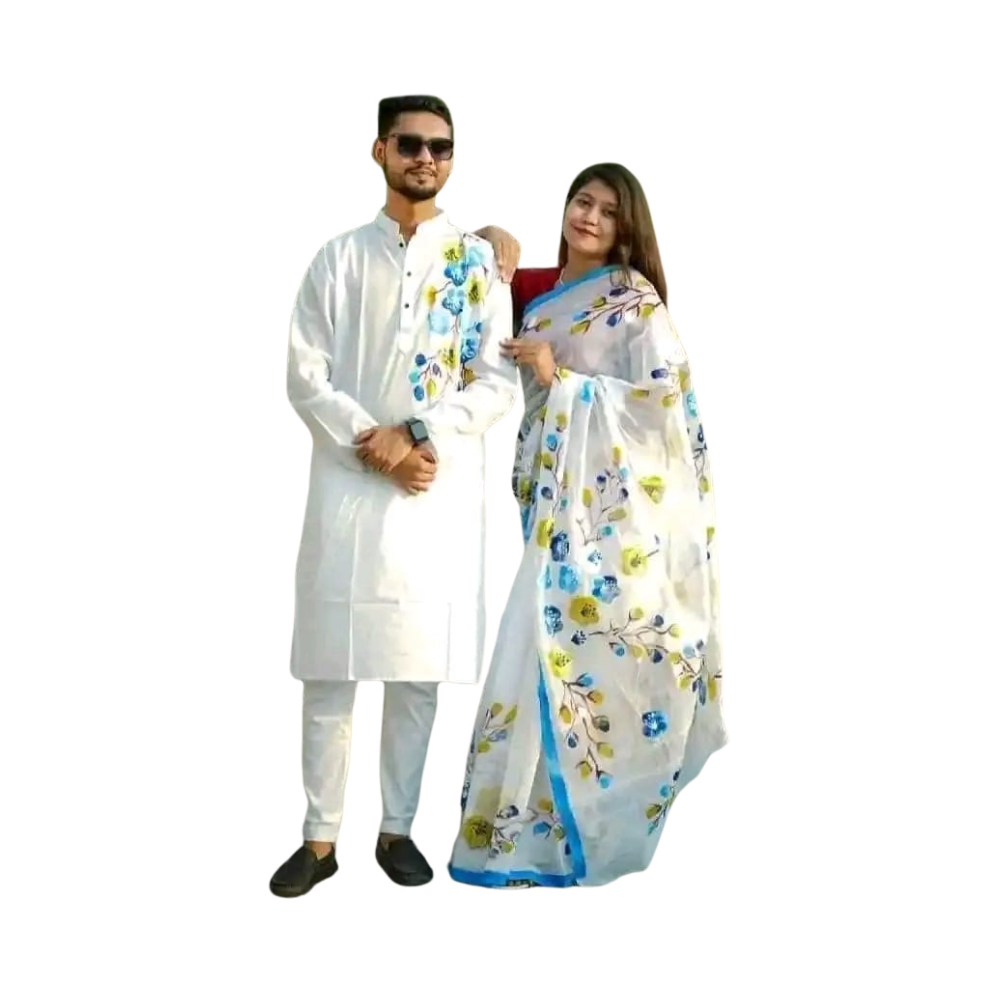 Cotton Silk Saree and Dhupian Cotton Panjabi Couple Dress - Sky Blue & White - SC82