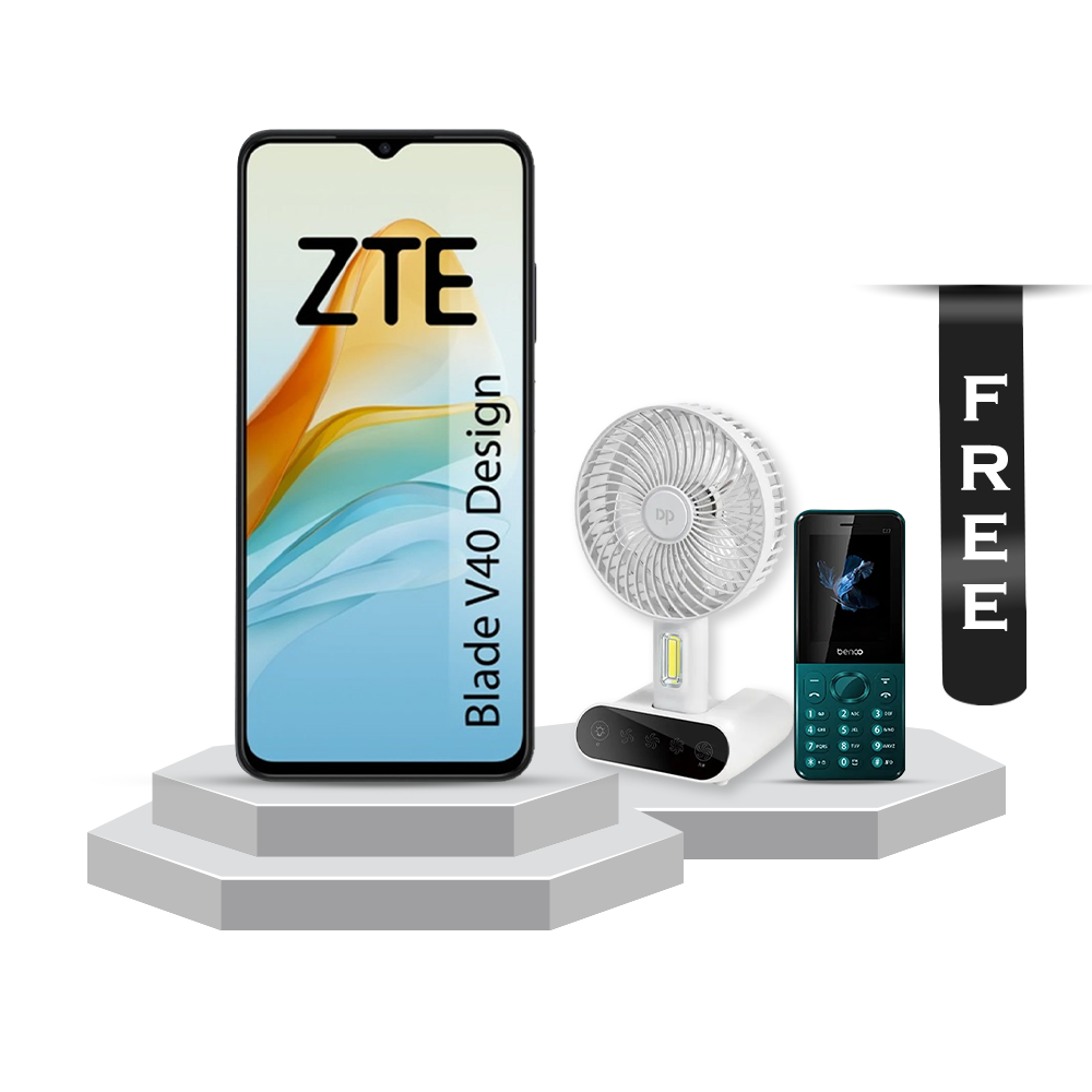 ZTE Blade V40 Smartphone - 6 GB RAM - 128GB ROM - 50MP Camera - 6.6-inch FHD Display - Starry Black With Free Benco C27 Feature Phone And DP 7624 Rechargeable Portable USB Table Fan - White