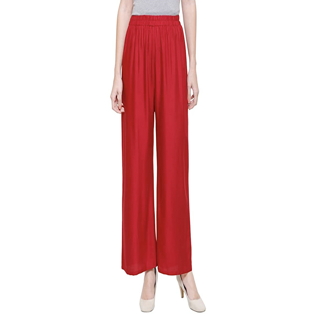 Linen Loose Fit Flared Wide Palazzo Pants For Women - Maroon