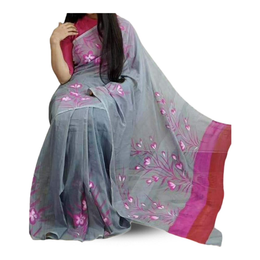 Hand Printed Half Silk Saree for Women - Silver - SP-82