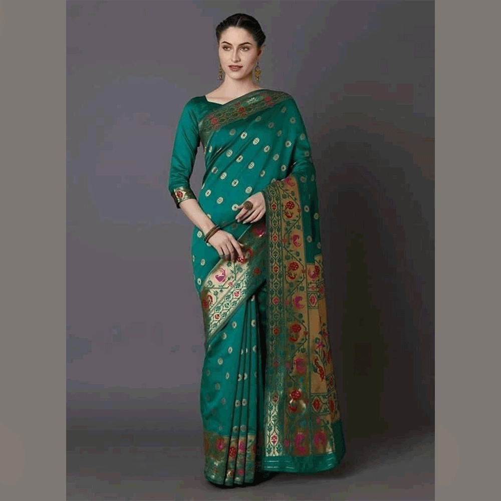 Silk Printed Saree With Blouse Piece For Women - Green