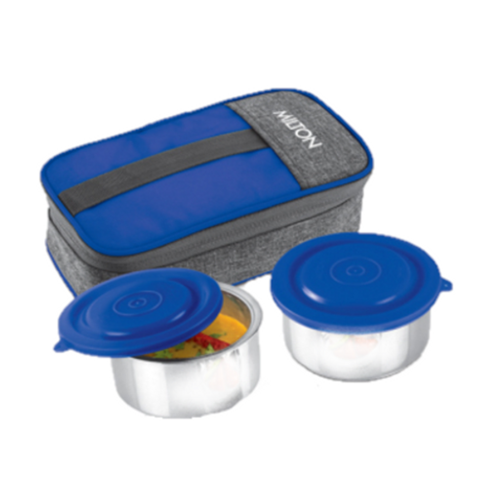 Milton Pasto Lunch Box Stainless Steel 2 Containers with Denim Insulated Jacket - 350 ml - Blue