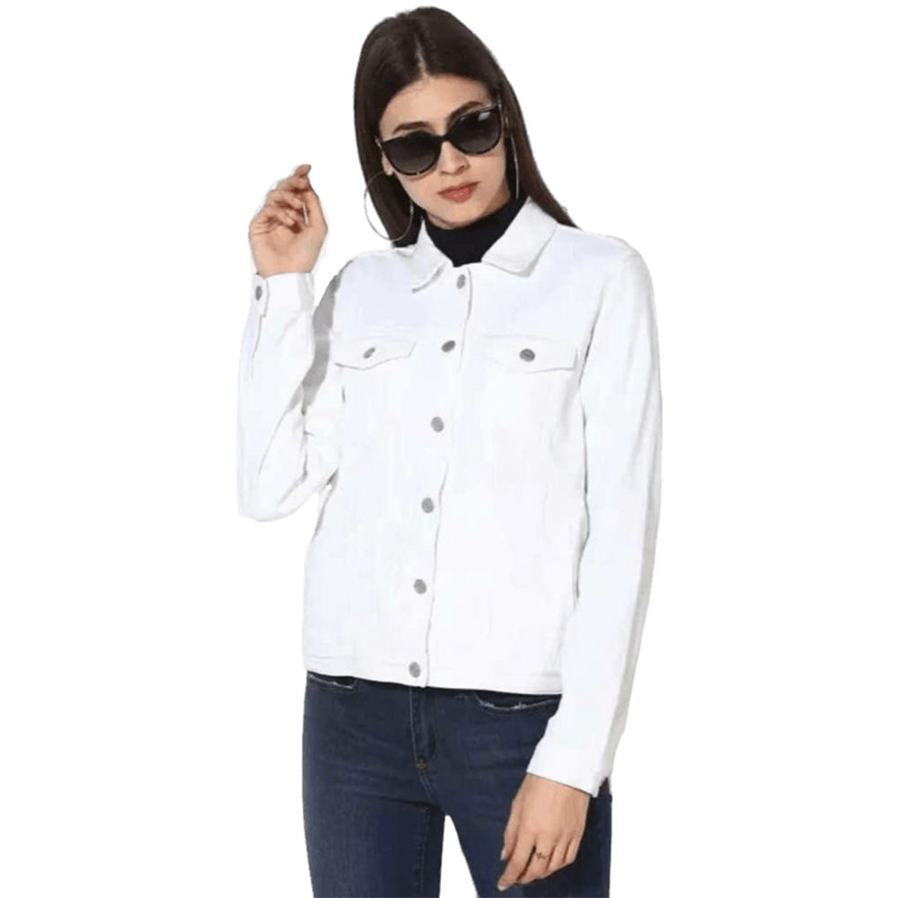 Denim Full Sleeve Winter Jacket For Women - White - LJJ-37