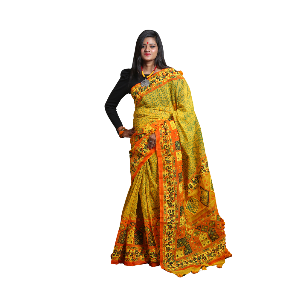 Skin Print Silk Cotton Saree For Women - Orange & Yellow - SC18