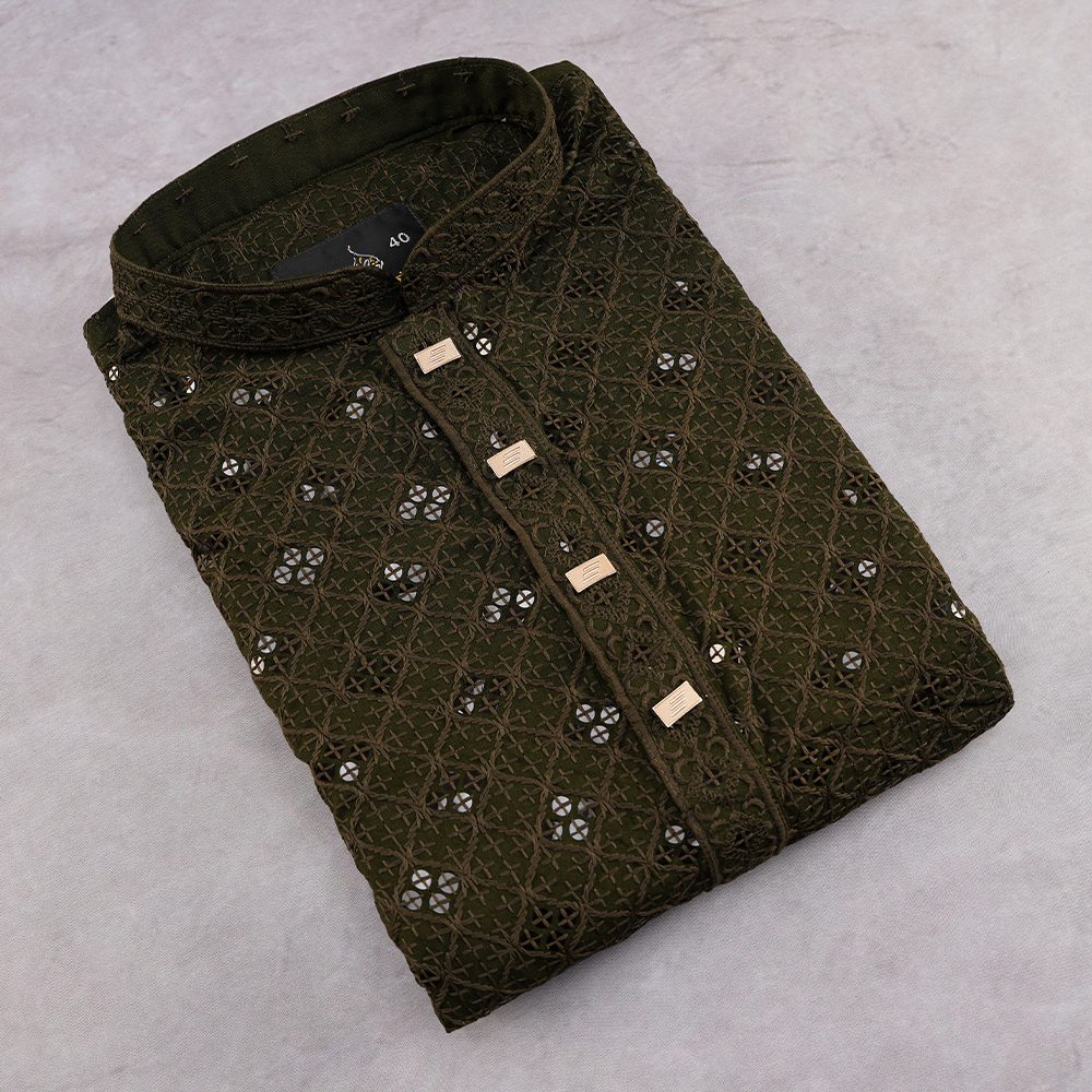 Sequence Embroidered Panjabi for Men - Olive