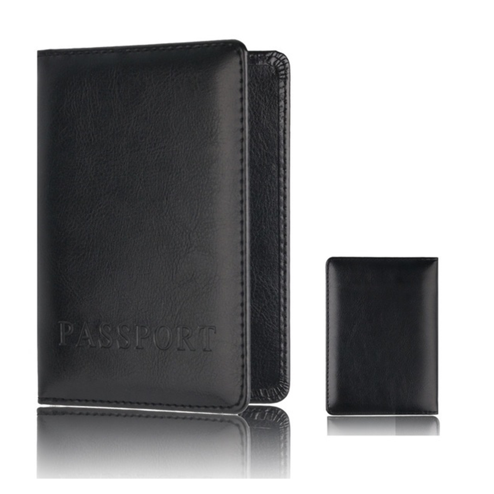Leather Passport Cover with Card Holder - Black