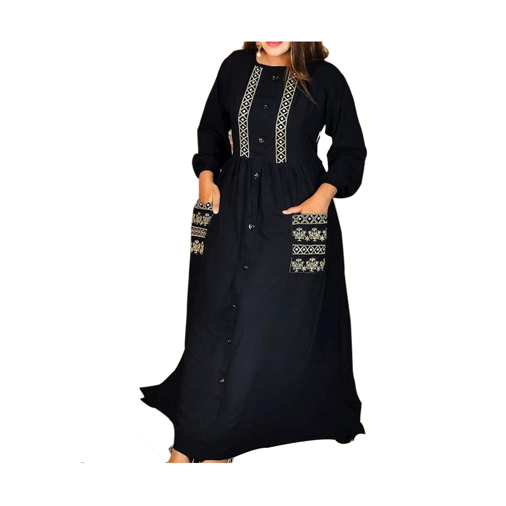 Linen Embroidery Fashionable Long Gown For Women - Black - G-E02