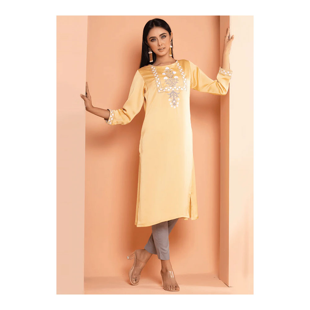 Buy Showstopper Crepe Silk Kurti for Women - M17 - Pale Yellow and Get Freyias Damage Repair Shampoo with Coconut Milk - 220ml Free