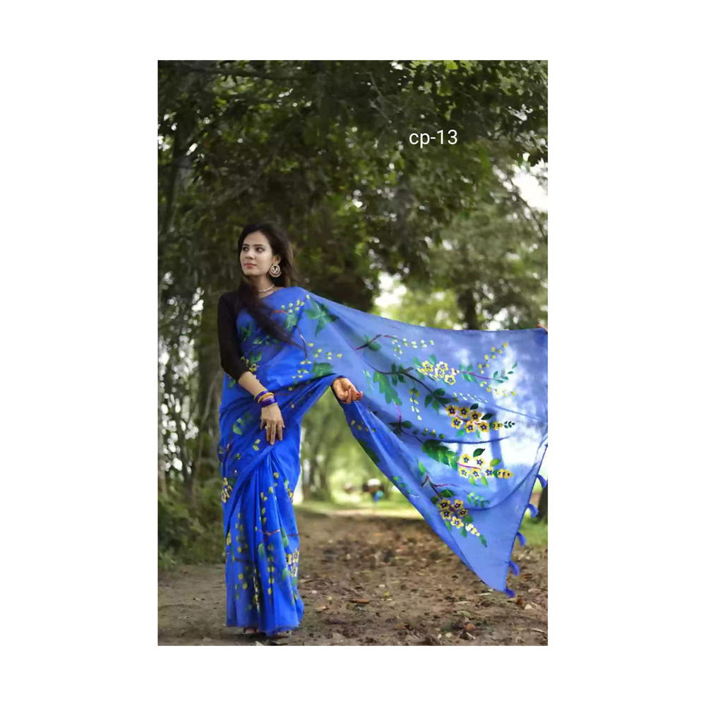Hand Printed Half Silk Saree For Women - Multicolor - BAN125