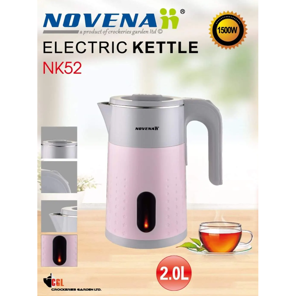 Novena NK52 Stainless Steel Electric Kettle - 2 Liter - Pink and White