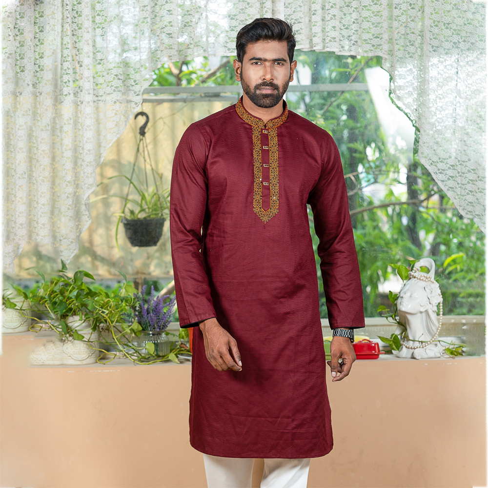 Indian Cotton Karchupi Panjabi For Men - Red - 5084